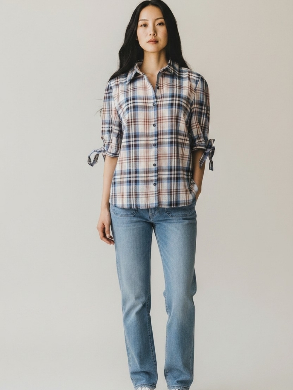 Lumière NWT Plaid Button Front Tie Sleeve Blouse – Size M